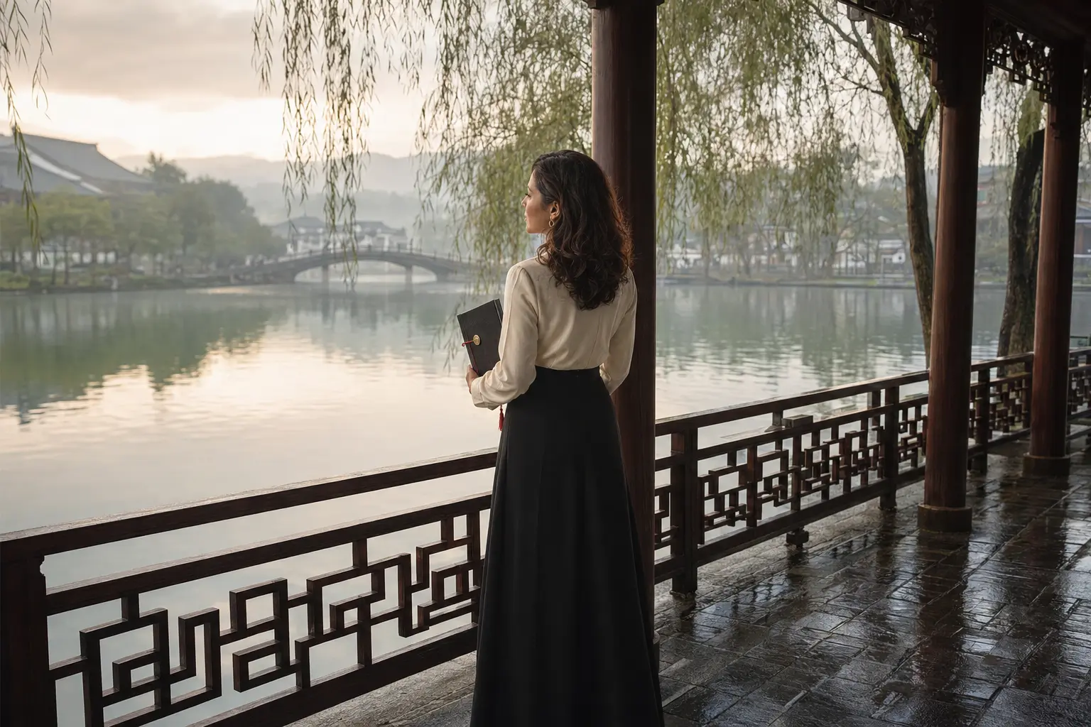 Helena Salles às margens do Lago Oeste, em Hangzhou